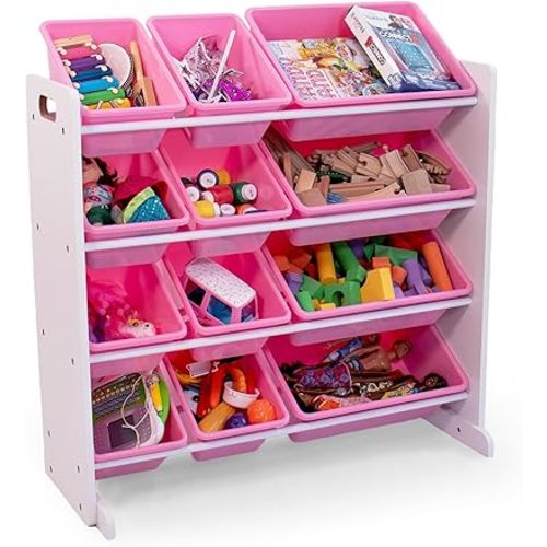 Humble Crew Kids Toy Storage Organizer with 12 Plastic Bins, White/Pink – Removable Bins for Playroom, Bedroom, Toddler Furniture for Boys and Girls Ages