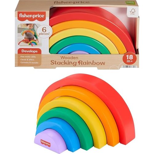 Fisher-Price Wood Toddler Toy Stacking Rainbow, 6 Colorful Wooden Pieces, Kids Ages 18+ Months