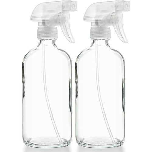 Sally's Organics® Empty Clear Glass Spray Bottles - Refillable 16 oz Containers for Essential Oils, Cleaning Products, Aromatherapy, Misting Plants, or Cooking - Sprayer with Mist and Stream - 2 Pack