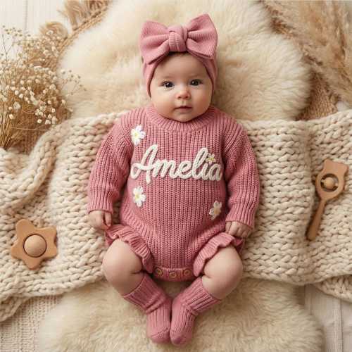 Hand Embroidered Name Baby Romper Set,Personalized Outfit, Baby Girl Romper, Coming Home, Organic Cotton Knit,Gender Neutral