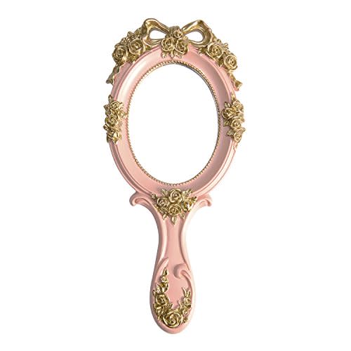 Vintage Princess Hand Held Mirror - Antique Handle Makeup Mirrors, Pink | Handheld Small Compact Vanity Decor, Travel Portable Embossed Rose Decorative for Women, for Party Classroom Tabletop Gift