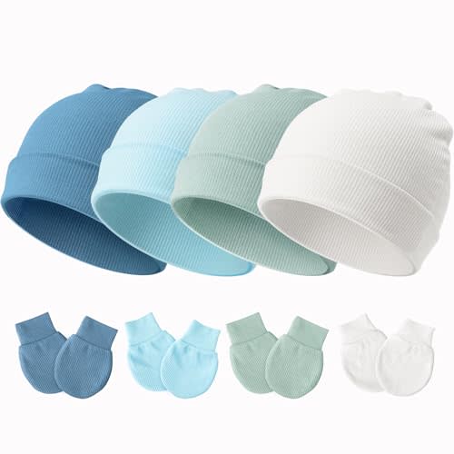BQUBO Baby Hats and Mittens Infant Cotton Beanie Gloves No Scratch Set Newborn Hospital Hat for Boys Girls