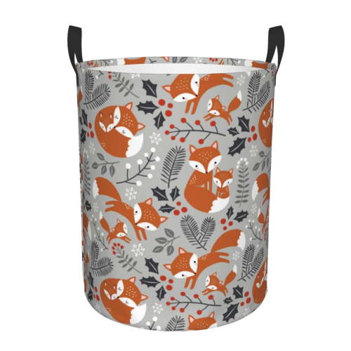 Honeii Vintage Blue Fox Family A Print Laundry Hamper Basket,Baby Nursery Woven Storage Basket for Toys Bin,Pillows,Blankets,Clothes-Medium