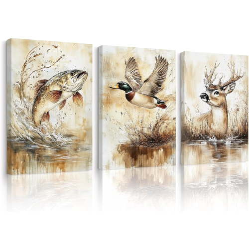 Vintage Animal Wall Art Baby Boy Room Canvas Wall Decor Farmhouse Animal Posters Kids Nursery Hunting Art Prints Rustic Deer Fish Pictures Mallard Duck Painting for Bedroom 12x16x3 Inch Ready to Hang