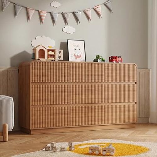 BORNOON Dresser for Bedroom with 9 Drawers, Fluted Chest of Drawers with Round Curved Corner, Hidden Handles, Modern Wood Storage Organizer for Bedroom, Nursery, Living Room