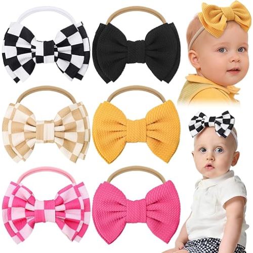 JATEBI 6 PCS Baby Girl Hair Bows Set Checkered Cow Print Bows Headbands for Girls Cowgirl Accessories Newborn Toddler Baby Outfits Checkered