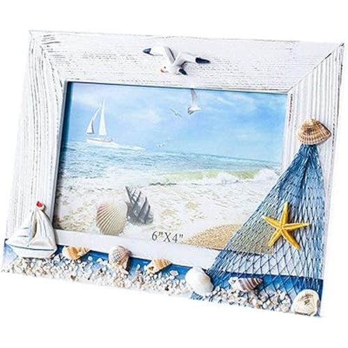 JANOU Mediterranean Photo Frame Wooden Picture Frame Wooden Photo Frame Holder for Nautical Beach Themed Home Coffee Shop Decoration, 6x4 Inch