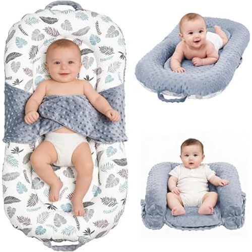Infant Support Cushion, 3-in-1 Portable Baby Support Cushion for Newborns 0-24 Months, Foldable Sitting Seat with Removable Cover, Dual-Sided 100% Cotton and Velvet, Grey Small Leaves