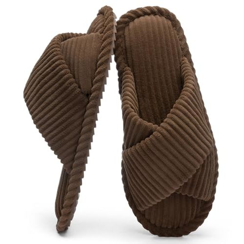 Slippers for Women Memory Foam House Bedroom Corduroy Crossbands Open Toe Slides Sandals Shoes Comfy Trendy Gift for womens Anti-Skid sole
