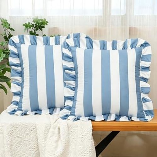 vctops Ruffle Square Throw Pillow Covers Boho Pink and Red Striped Decorative Pillowcases Set of 2, Soft Velvet Accent Cushion Cover Cases for Sofa Bed Living Room Decor (Blue White,18"x18")