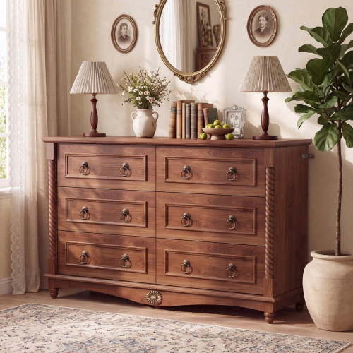 YDN 6-Drawer Dresser with Solid Wood Carved Posts, 47" Wide Storage Chest Organizer for Bedroom, Closet and Living Room, Antique-Bronze Ring Pulls, Floral Metal Accent, Anti-Tip, Easy Assembly,Walnut
