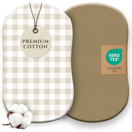 Pobibaby  2 Pack Bassinet Sheets Boy, Bassinet Sheets Cotton for Girls and Neutral Nursery for Standard Rectangle Bassinets  Ultra-Soft Jersey Knit, Safe and Snug for Baby (Gingham Khaki)