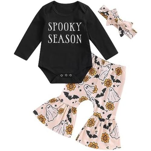 Newborn Baby Girl Halloween Clothes Long Sleeve Romper Tops Pumpkin Bell-Bottom Pants Headband Infant Fall Outfits