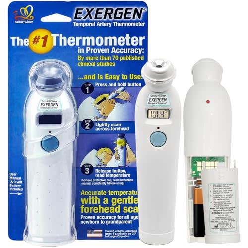 Exergen TAT-2000C Temporal Artery Thermometer – Temporal Thermometer for Kids, Newborns & Adults, Soft Glow Display, Silent Mode, 9V Battery Included