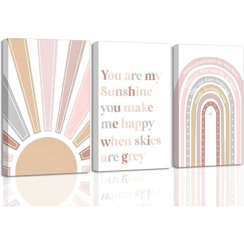 3 Pcs Boho Nursery Canvas Wall Art Pink Sweet Rainbow You Are My Sunshine Painting Pictures Wall Decor Poster Print Artwork For Kids Room Girls Bedroom Decoration