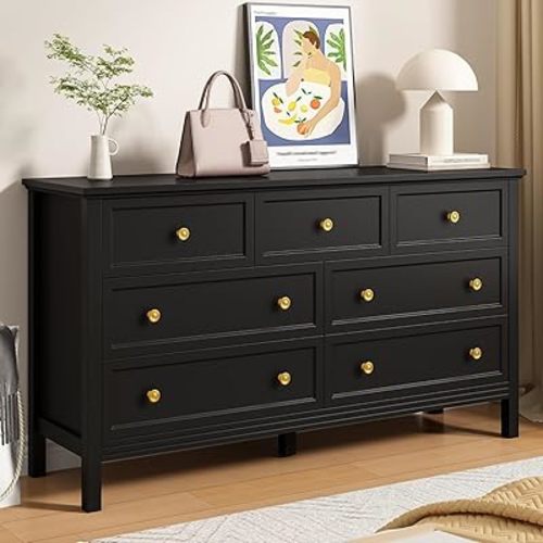 LYNSOM Black Dresser for Bedroom with 7 Drawers, Modern Wide Chest of Storage Drawer with Gold Handles, TV Stand Dresser, Wood Dressers for Bedroom, Living Room, Hallway, Entryway, 55’’