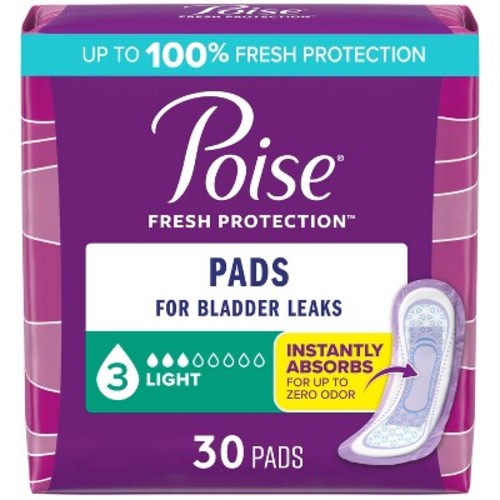 Poise Incontinence Pads for Women - Light Absorbency - 3 Drop - Regular - 30ct
