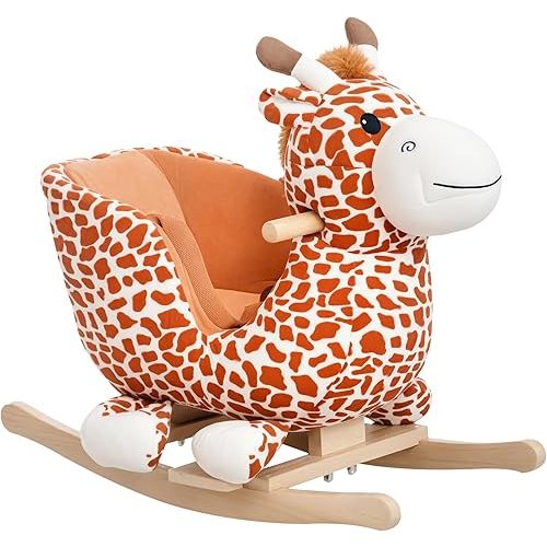 Qaba Kids Plush Ride-On Rocking Horse Toy Giraffe Style with Song for 18-36 Months, Brown