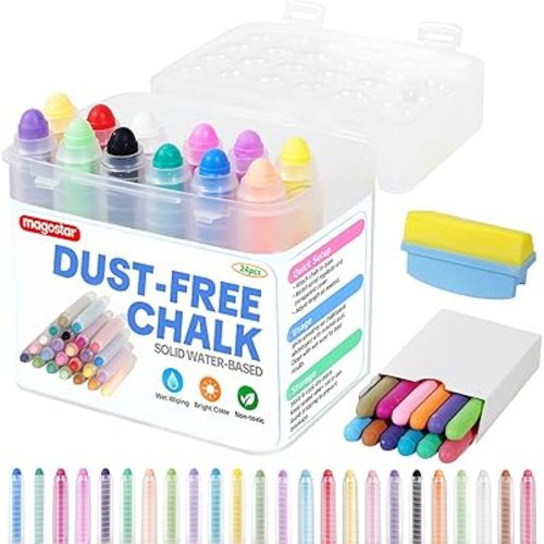 Dustless Chalk for Kids with Eraser, 24 Colors Non-Toxic Washable Sidewalk Chalk Set for Chalkboard & Blackboard Drawing, Colored Chalk Pens