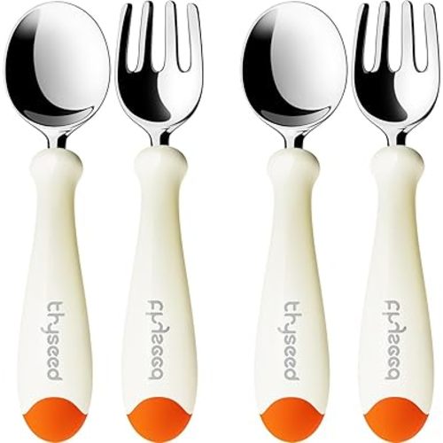 Thyseed Toddler Utensils Fork Spoon Set Kids Self Feeding Flatware with Case Stainless Steel Orange 2 Pack
