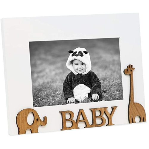 Isaac Jacobs Wood Sentiments “Baby” Picture Frame, 4x6 inch, Photo Gift for Family, Tabletop, Desktop Display & Wall Display, Animal Cutout Details (White)