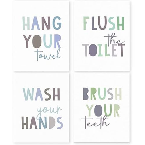 HRQKO Wash Your Hands Wall Art Poster Prints Set of 4, Green Bathroom Decor, Kids Artwork Prints for Nursery, 8"x10" Unframed (Green)