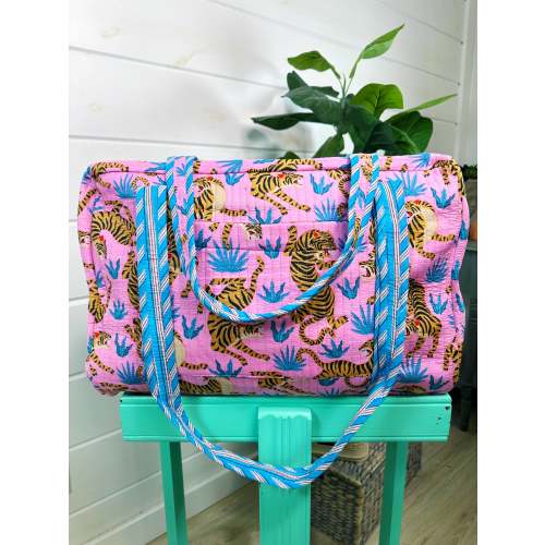 Quilted Overnight Bag - Pink and Blue Tiger Print