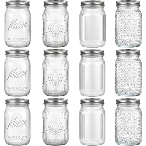 Rubtlamp Clear Mason jar 32 oz, 12 Mixed Pack Glass Jars - Wide Mouth Mason Jars with Airtight Lids for Pickling, Fermenting, Food Storage&DIY Crafts, Microwave & Dishwasher Safe