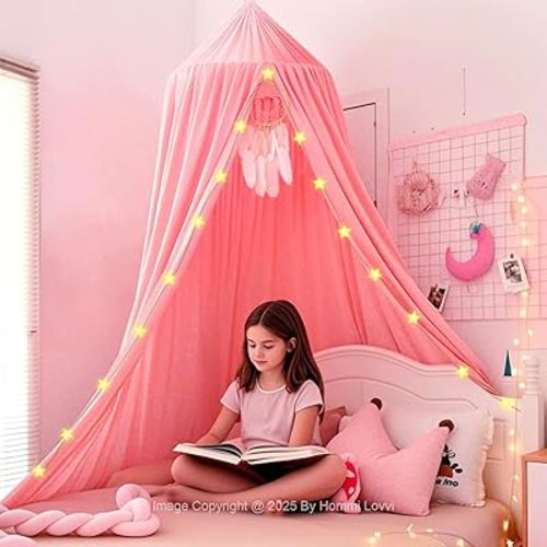 Hommi Lovvi Pink Bed Canopy for Girls with Light, Princess Canopy Curtains for Twin Full Queen Size Kids Bed, Canopy for Girls Bed Room Decor, Hanging Castle Ceiling Tent