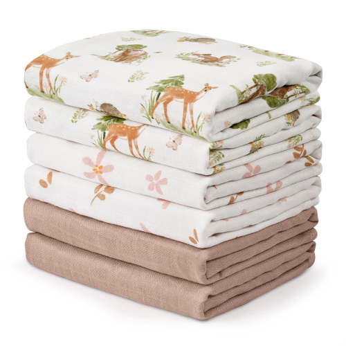Gllquen Baby Muslin Swaddle Blankets 6-Pack, Swaddle Wrap Neutral Receiving Breathable Cotton Blankets for Newborn Infant Girls and Boys, 28" X 28", Woodland Animals