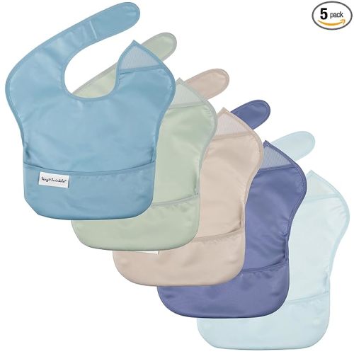 Tiny Twinkle Mess-Proof Baby Bibs for Eating | Waterproof, Wipeable Toddler Bibs with Catch-All Pocket | Feeding Bibs for Girls & Boys(5 Pack, Spring Color)