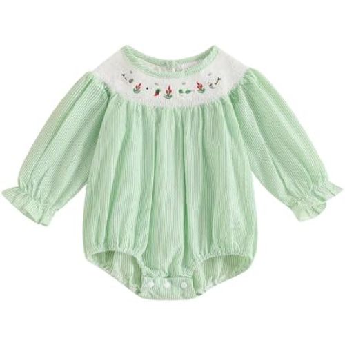 SAYOO Baby Girls Duck Romper Mallard Duck Embroidery Smocked Bubble Romper Bodysuit Newborn Infant Toddler Hunting Outfit