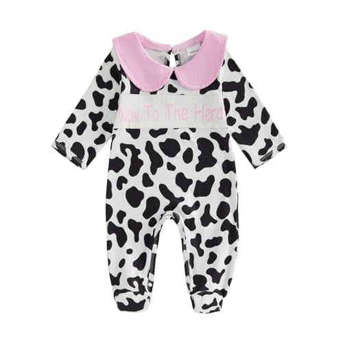allshope Infant Baby Girl Fall Outfit Sweatshirt Romper Footies Doll Collar Boots Cow Print Jumpsuit Newborn Winter Clothes