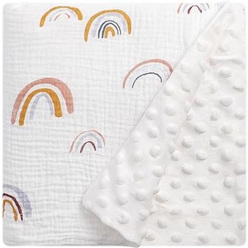 Knirose Minky-Backed Swaddle Blankets Baby Double Layer Muslin 100% Cotton Front Nursery Minky Dotted Fleece Back Receiving Bed Quilt Blanket for Unisex Newborn Baby Toddler Boys Girls 30 x 41 Inches