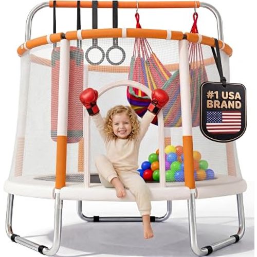 Happin® 55’’ Trampoline for Kids with Safety Enclosure, Indoor & Outdoor Toddler Trampoline, Ultra Safe Design with Multi Activity Accessories, Perfect Toddler Gift for Boys & Girls Ages 1–8