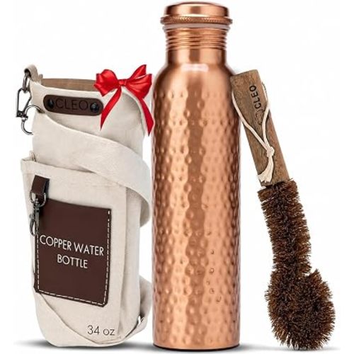 CLEO HOME 100% Pure Copper Water Bottle for Drinking, 34 Oz Hammered Ayurvedic Copper Bottle for Drinking Water | Leak-Proof & Eco-Friendly | For Yoga, Office, Travel with Canvas Carry Bag & Brush