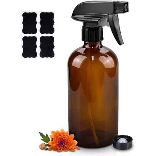 Glass Spray Bottles, 16oz Amber Glass Spray Bottles with Labels & Adjustable Nozzle, Reusable Containers for Cleaning, BBQ, Food, Plants, Alcohol, Essential Oils(1 Pack)