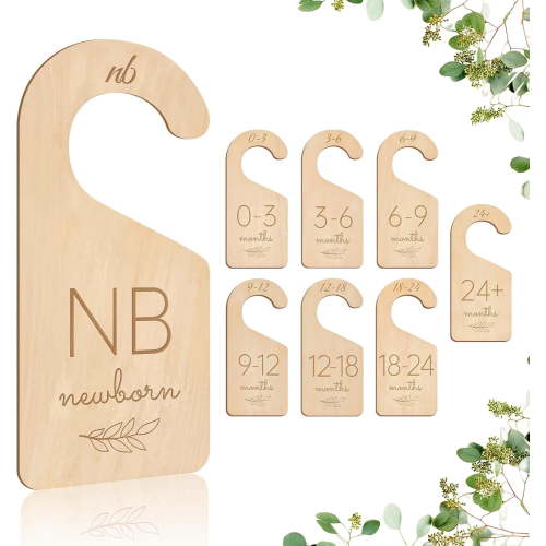 Wooden Baby Closet Dividers - 8 Pcs Double-Sided Design for Newborn Nursery Room Wardrobe Storage by Months Size - Perfect Toddler Clothes Organizer (Olive-1)