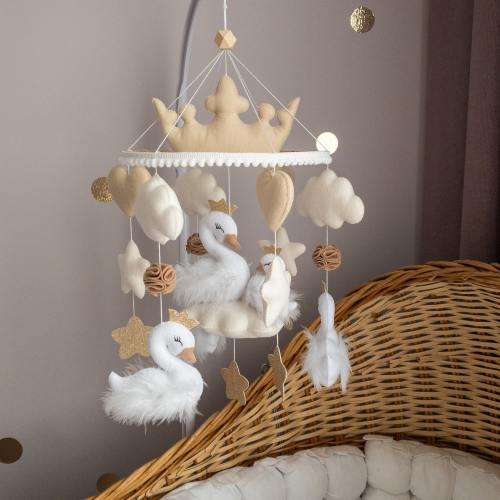 Swan baby mobile for girl Princess gold nursery decor Pastel beige felt crib mobile Baby shower gift Princess Swan Stars Heart baby mobile