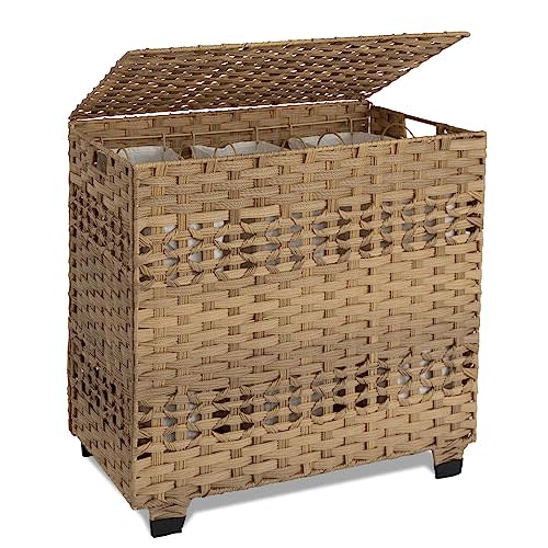 OIAHOMY Laundry Hamper with Lid, 140L Clothes Hamper with 3 Removable Liner Bags, Foldable Basket with Lid, Synthetic Wicker Laundry Basket for Bedroom, 27x 13 x 26 Inches, Yellow