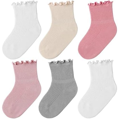 JAKIDAR Toddler Ruffle Socks for Baby Girls - 6 Pairs Soft Cotton Cute Frilly Ankle Socks for Infants Kids Girls