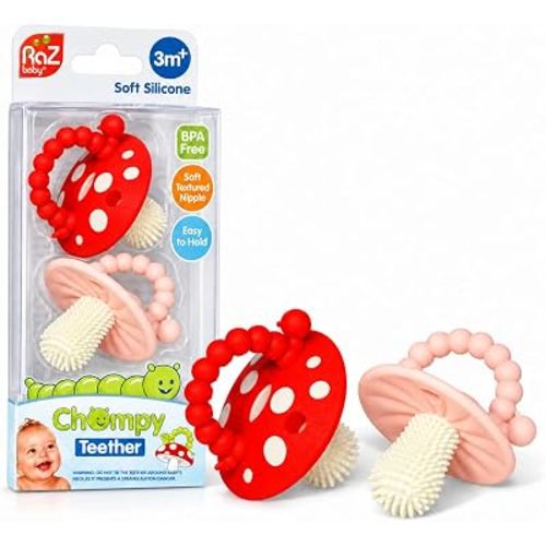 RaZbaby Soft Silicone Infant & Baby 3M+ Teether Toy Massaging Bristles Teething Relief Pacifier - Soothes Sore Gums - Hands-Free & Easy-to-Hold Chompy Teether, BPA Free (RED/Pink)