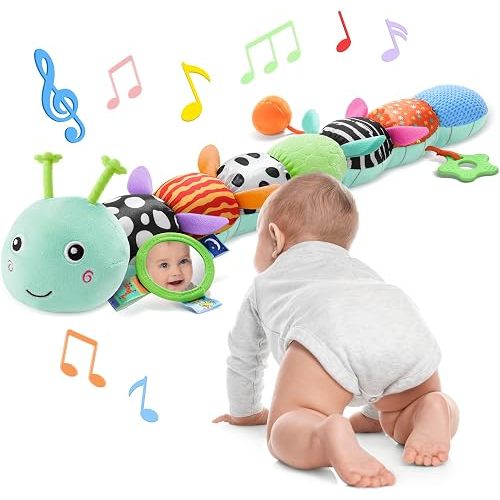 AWOTOY Baby Toys 6-12 Months Music Caterpillar Infant Toys Stuffed Animals 0-3-6 Months Teething Tummy Time Sensory Toys with Mirror Rattle&Pull String for Boys Girls Birthday Gifts|Tiffany Blue,Leafy