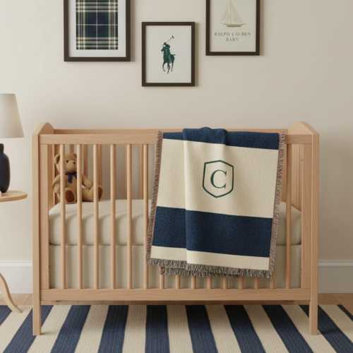 Personalized Baby Blanket with Monogram Preppy Baby Boy Nursery Decor With Initial Navy Stripe Woven Throw Custom Baby Shower Gift