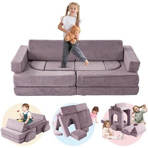 Modular Kids Play Couch, 14PCS Nugget Couch Toddler Building Fort, Versatile 500+DIY Creativing Playroom Bedroom Furniture for Playing, Creativing, Convertible Kids Sofa for Boys and Girls (Purple)