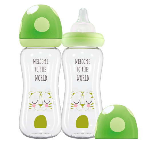 YOHKOH Wide Neck Glass Baby Bottle,Anti-colic,Level 2 Nipple,(260ml/8.8 oz)Green