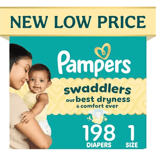 Pampers Swaddlers Diapers, Size 1 (8-14 lbs), 198 Count, Hypoallergenic, Absorbent, Keeps Baby Dry and Comfortable, Skin Safe Disposable Newborn Baby Diaper