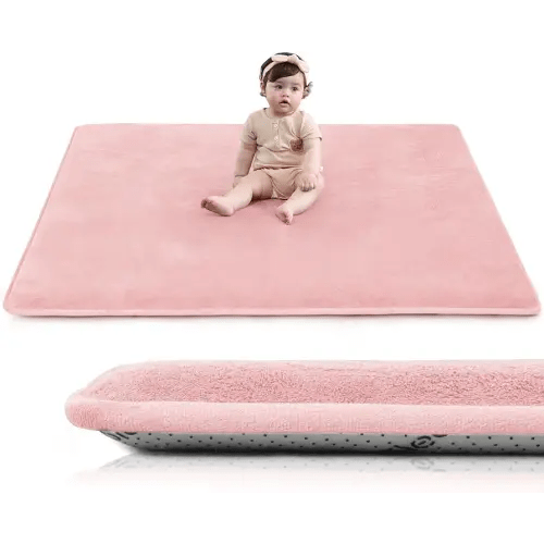 Baby Play Mat for Floor,1.3" Thick Elasti-Foam 50"×50" Playpen Mat for Tummy Time,Water Repellent Soft Coral Velvet for Toddler,Infant,Kids,Non-Slip Backing Safe for Crawling(Pink)