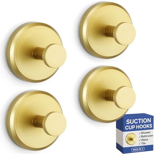 HOME SO Suction Cup Hooks for Shower, Bathroom, Kitchen, Glass Door, Mirror, Tile – Loofah, Towel, Coat, Bath Robe Hook Holder for Hanging up to 15 lbs – Waterproof, Matte Brushed Satin Gold (4-Pack)