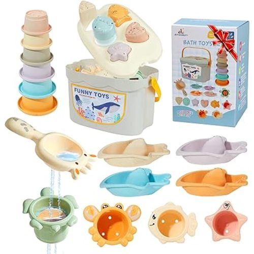 Mold Free Bath Toys for Babies 6-12 Months, 21PCS Baby Bath Toys for Kids Ages 1-3 with Shape Sorter and Educational Stacking Cups, Montessori Bathtub Shower Water Toy for Toddler 2-4 with Storage Bin